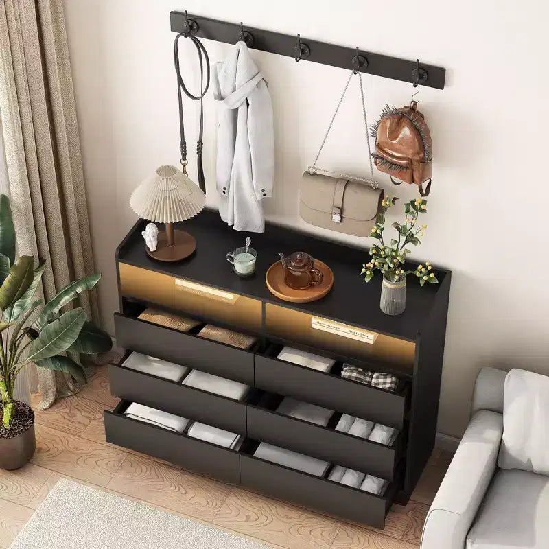 Modern 6-Drawer Bedroom Dresser Nightstand with LED Sturdy Frame Storage Chest Cabinet for Living Room Hallway Kids Room