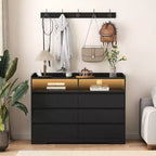 Modern 6-Drawer Bedroom Dresser Nightstand with LED Sturdy Frame Storage Chest Cabinet for Living Room Hallway Kids Room