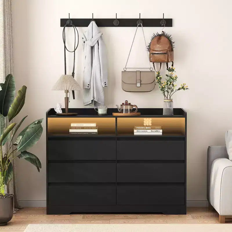 Modern 6-Drawer Bedroom Dresser Nightstand with LED Sturdy Frame Storage Chest Cabinet for Living Room Hallway Kids Room