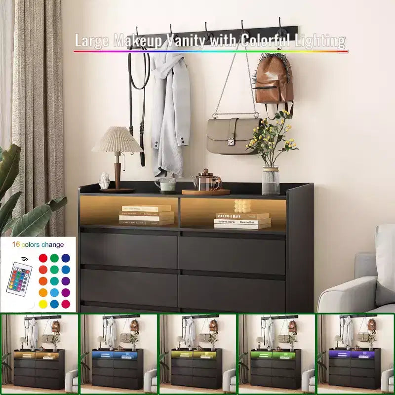 Modern 6-Drawer Bedroom Dresser Nightstand with LED Sturdy Frame Storage Chest Cabinet for Living Room Hallway Kids Room