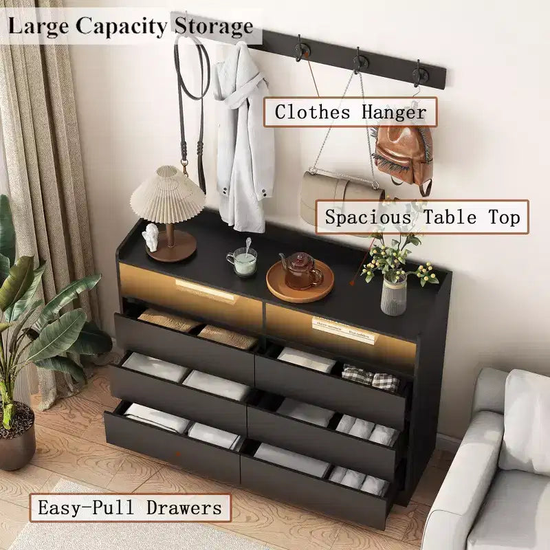 Modern 6-Drawer Bedroom Dresser Nightstand with LED Sturdy Frame Storage Chest Cabinet for Living Room Hallway Kids Room