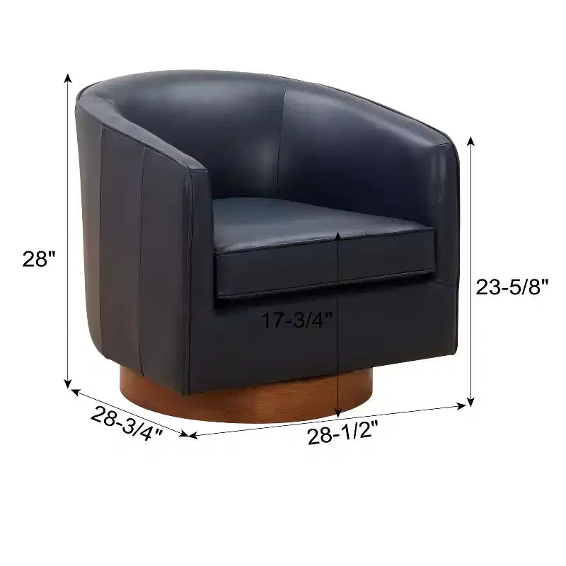 Modern Top Grain Leather 360 Swivel Chair Accent Chair with Soft Cushion Barrel Sofa Chair with Wood Base for Lounge Office Bedroom