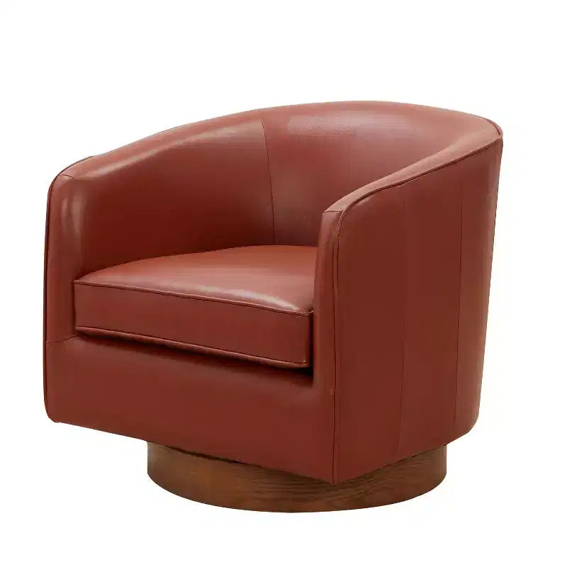 Modern Top Grain Leather 360 Swivel Chair Accent Chair with Soft Cushion Barrel Sofa Chair with Wood Base for Lounge Office Bedroom