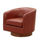 Modern Top Grain Leather 360 Swivel Chair Accent Chair with Soft Cushion Barrel Sofa Chair with Wood Base for Lounge Office Bedroom