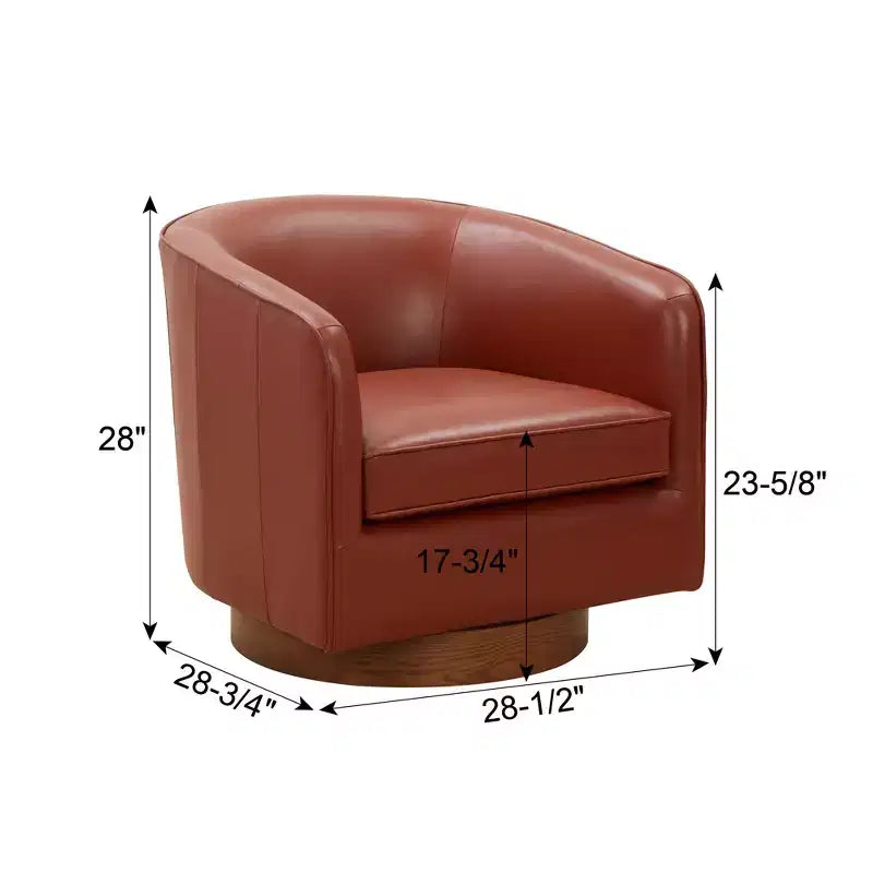 Modern Top Grain Leather 360 Swivel Chair Accent Chair with Soft Cushion Barrel Sofa Chair with Wood Base for Lounge Office Bedroom