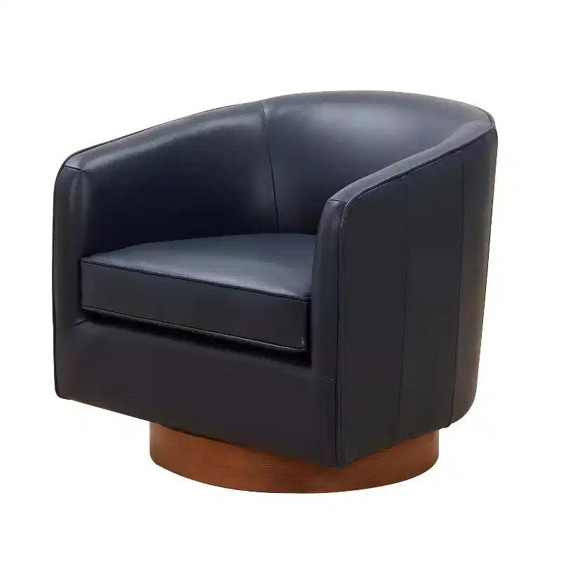 Modern Top Grain Leather 360 Swivel Chair Accent Chair with Soft Cushion Barrel Sofa Chair with Wood Base for Lounge Office Bedroom