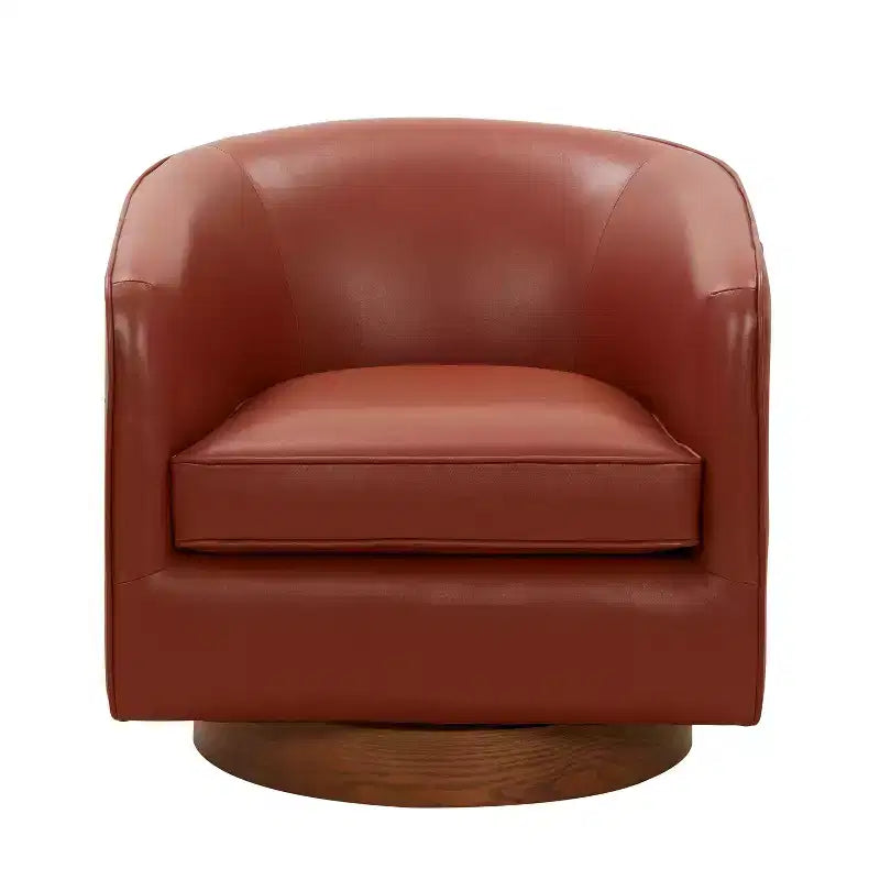 Modern Top Grain Leather 360 Swivel Chair Accent Chair with Soft Cushion Barrel Sofa Chair with Wood Base for Lounge Office Bedroom