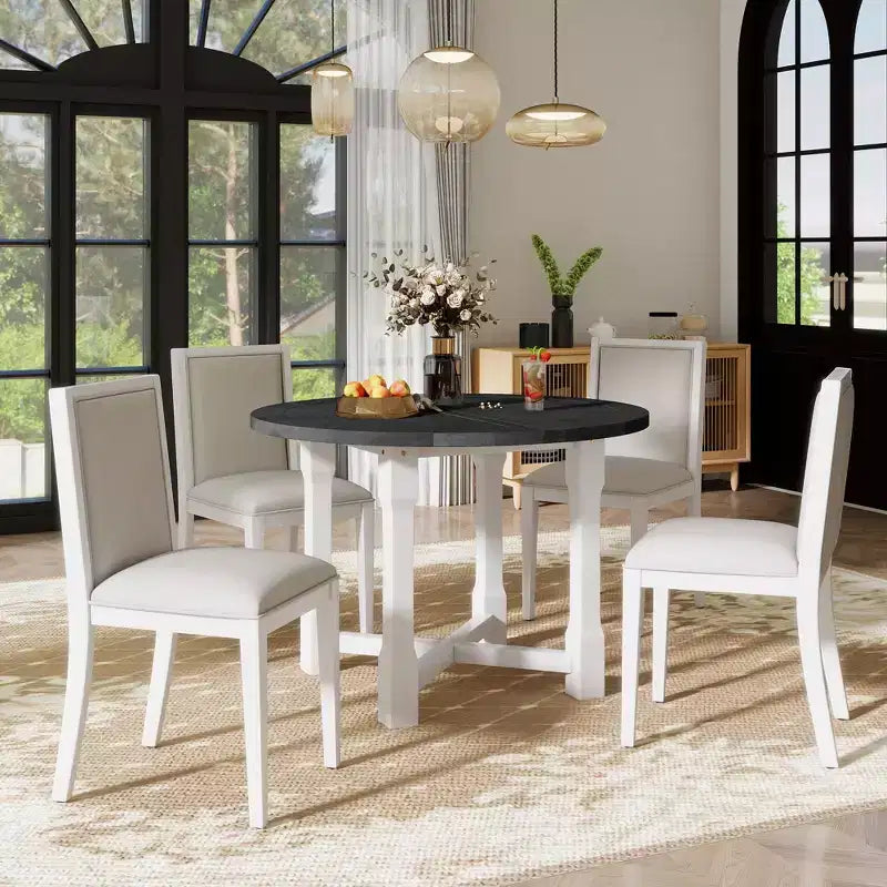 Farmhouse Style Kitchen Table with Removable Leaf & Upholstered Chairs