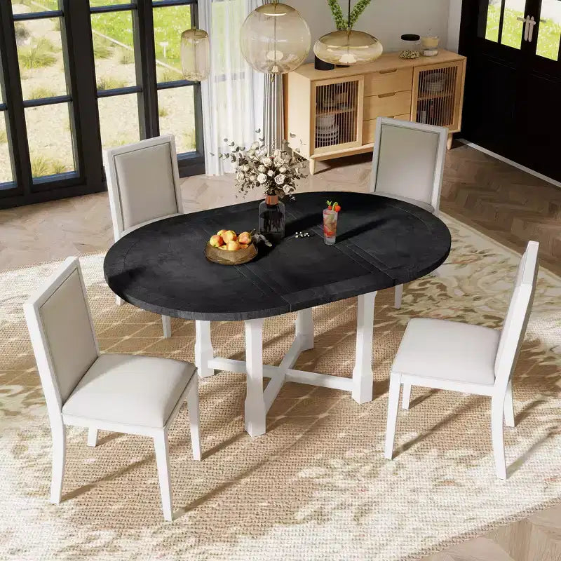 Farmhouse Style Kitchen Table with Removable Leaf & Upholstered Chairs