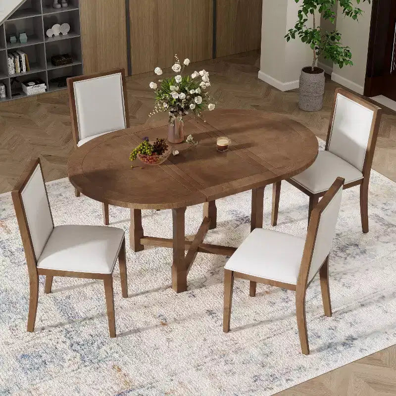 Farmhouse Style Kitchen Table with Removable Leaf & Upholstered Chairs