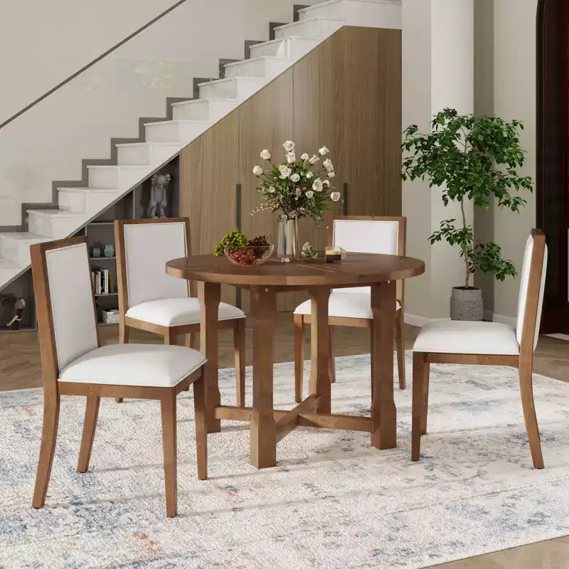 Farmhouse Style Kitchen Table with Removable Leaf & Upholstered Chairs