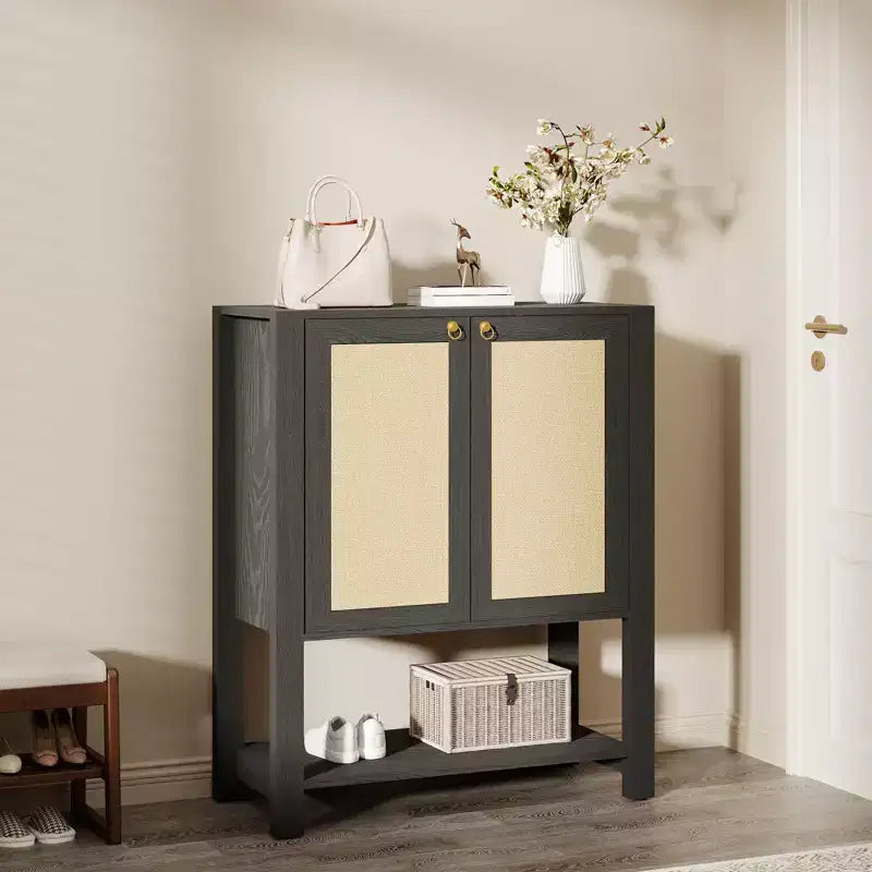 Scarpiera in Rattan per Ingresso – Organizer a 5 Ripiani in Stile Farmhouse – Scarpiera Stretta Autoportante a 2 Ante per Foyer, Corridoio e Soggiorno