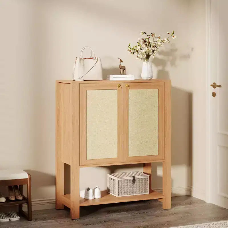 Scarpiera in Rattan per Ingresso – Organizer a 5 Ripiani in Stile Farmhouse – Scarpiera Stretta Autoportante a 2 Ante per Foyer, Corridoio e Soggiorno