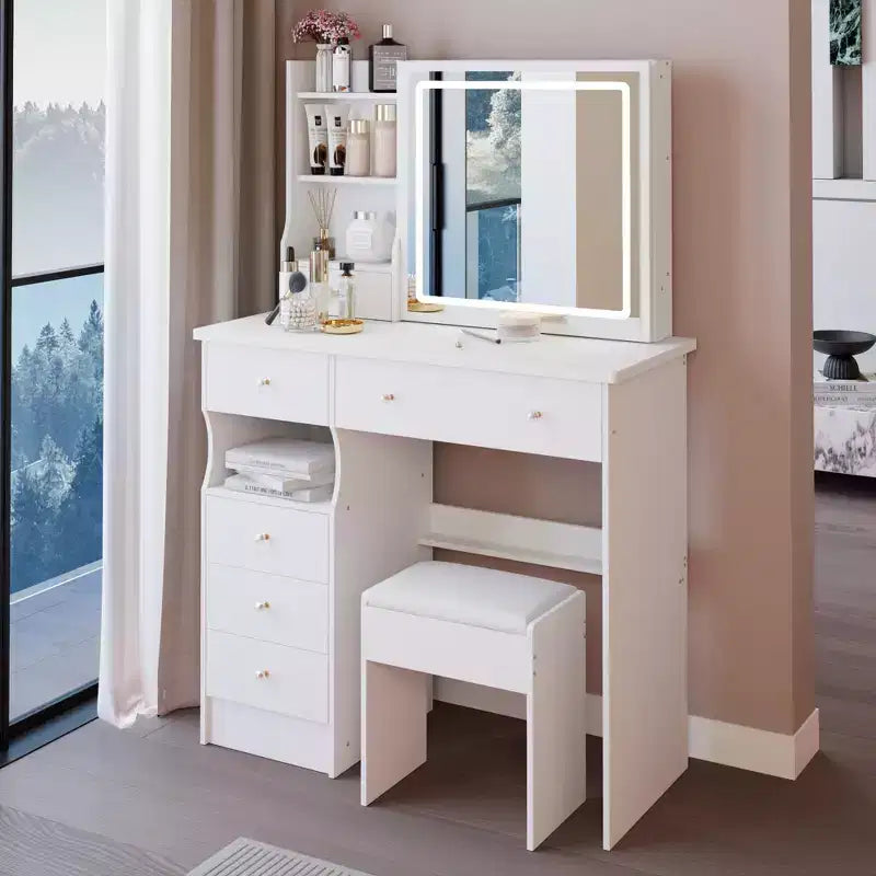 37IN Vanity Table with Cushioned Stool, Makeup Vanity with Large Sliding and Touch Control Mirror, Ample Vanity Desk for Large Space