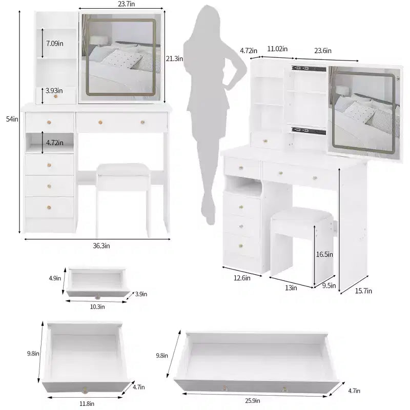 37IN Vanity Table with Cushioned Stool, Makeup Vanity with Large Sliding and Touch Control Mirror, Ample Vanity Desk for Large Space