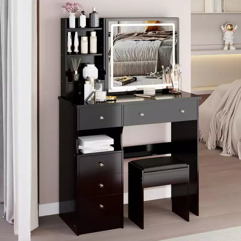 37IN Vanity Table with Cushioned Stool, Makeup Vanity with Large Sliding and Touch Control Mirror, Ample Vanity Desk for Large Space