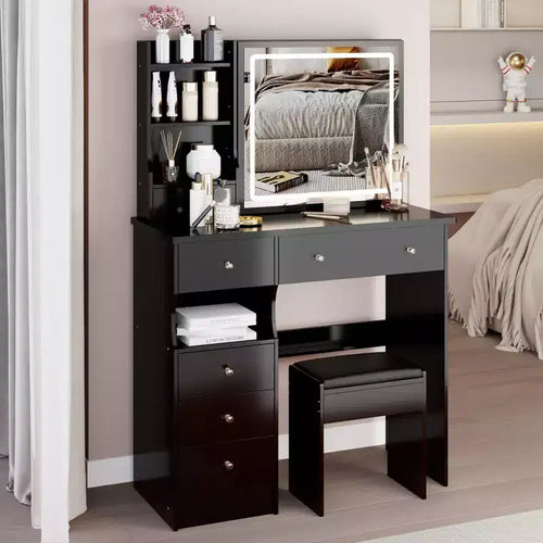 37IN Vanity Table with Cushioned Stool, Makeup Vanity with Large Sliding and Touch Control Mirror, Ample Vanity Desk for Large Space