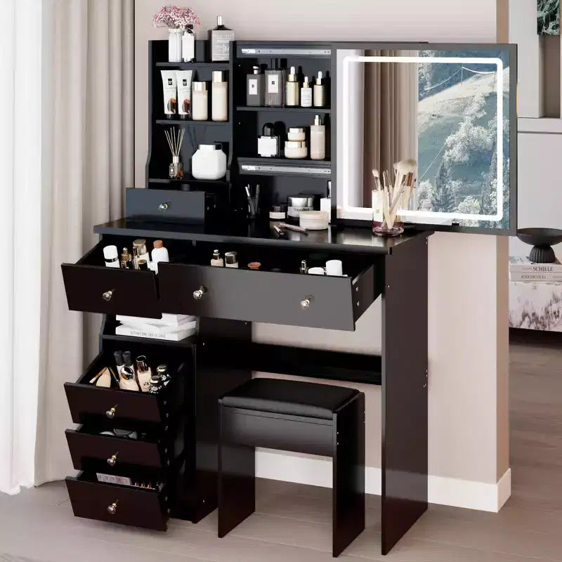 37IN Vanity Table with Cushioned Stool, Makeup Vanity with Large Sliding and Touch Control Mirror, Ample Vanity Desk for Large Space
