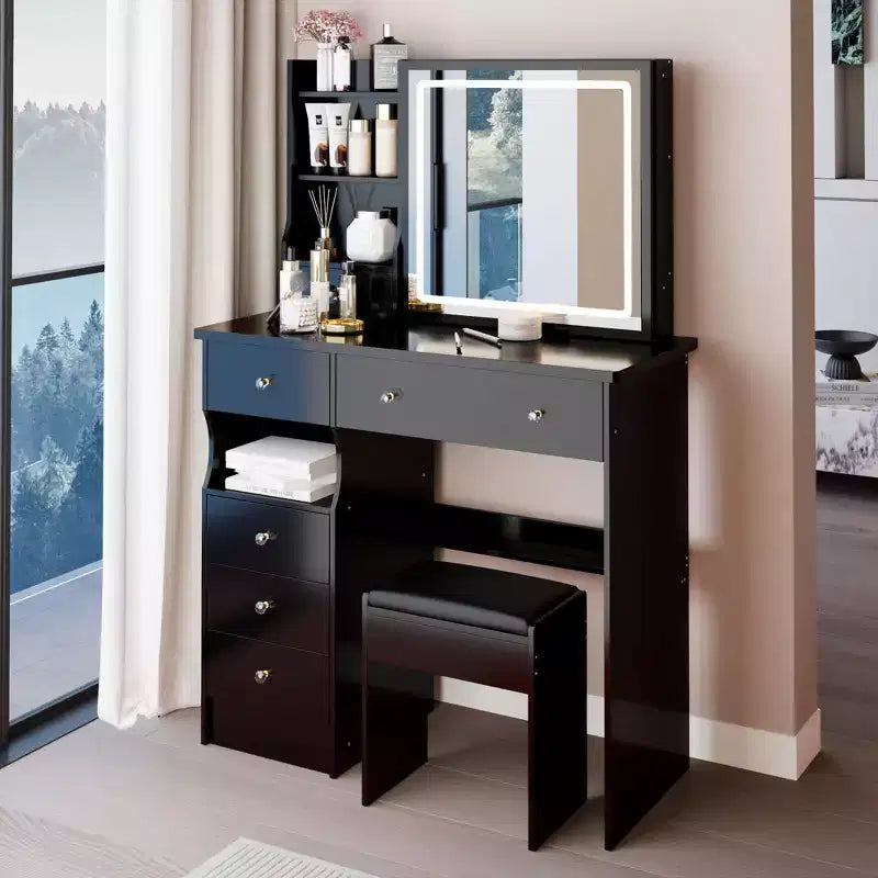 37IN Vanity Table with Cushioned Stool, Makeup Vanity with Large Sliding and Touch Control Mirror, Ample Vanity Desk for Large Space