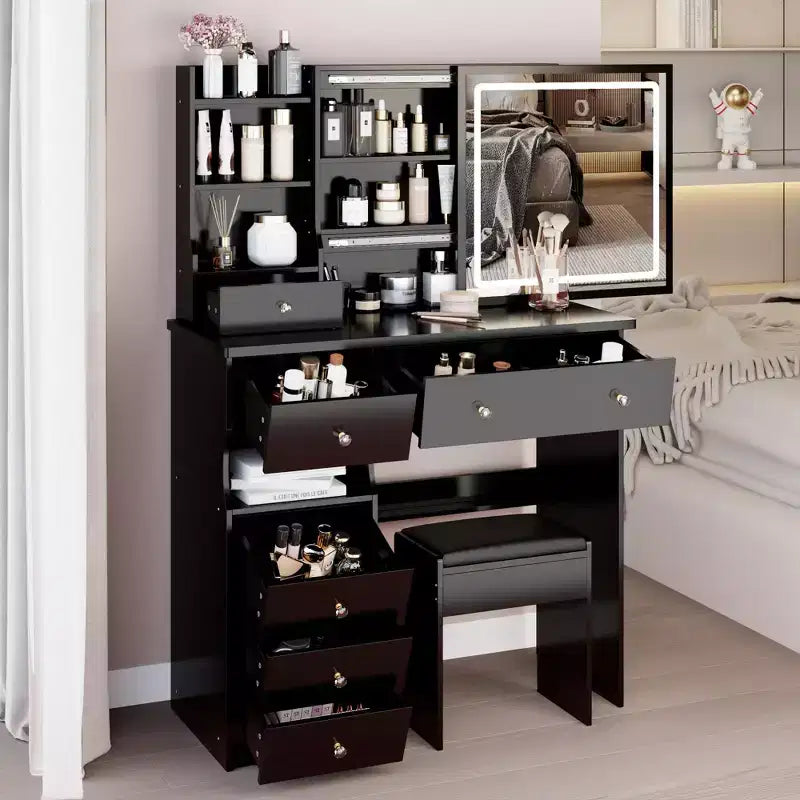 37IN Vanity Table with Cushioned Stool, Makeup Vanity with Large Sliding and Touch Control Mirror, Ample Vanity Desk for Large Space