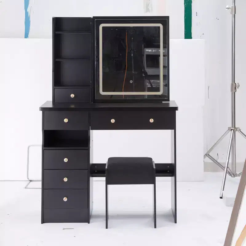 37IN Vanity Table with Cushioned Stool, Makeup Vanity with Large Sliding and Touch Control Mirror, Ample Vanity Desk for Large Space