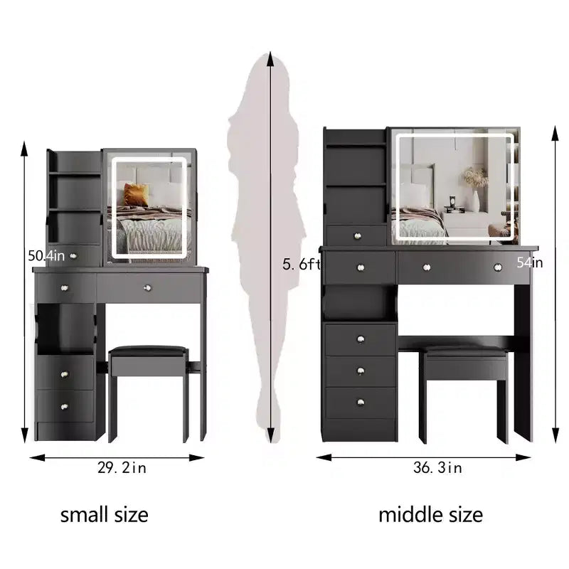 37IN Vanity Table with Cushioned Stool, Makeup Vanity with Large Sliding and Touch Control Mirror, Ample Vanity Desk for Large Space