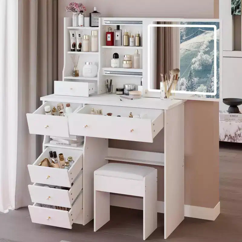 37IN Vanity Table with Cushioned Stool, Makeup Vanity with Large Sliding and Touch Control Mirror, Ample Vanity Desk for Large Space