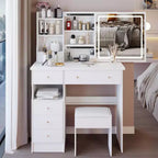 37IN Vanity Table with Cushioned Stool, Makeup Vanity with Large Sliding and Touch Control Mirror, Ample Vanity Desk for Large Space