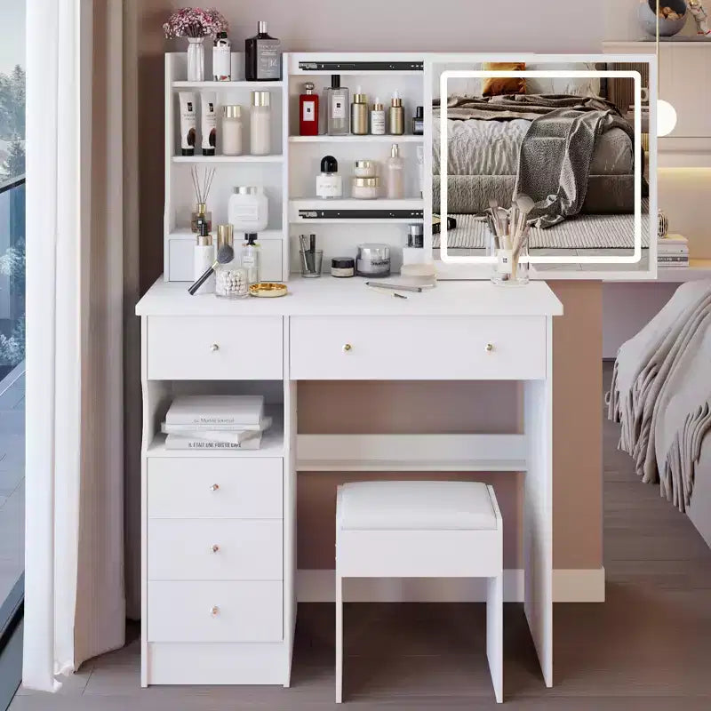 37IN Vanity Table with Cushioned Stool, Makeup Vanity with Large Sliding and Touch Control Mirror, Ample Vanity Desk for Large Space