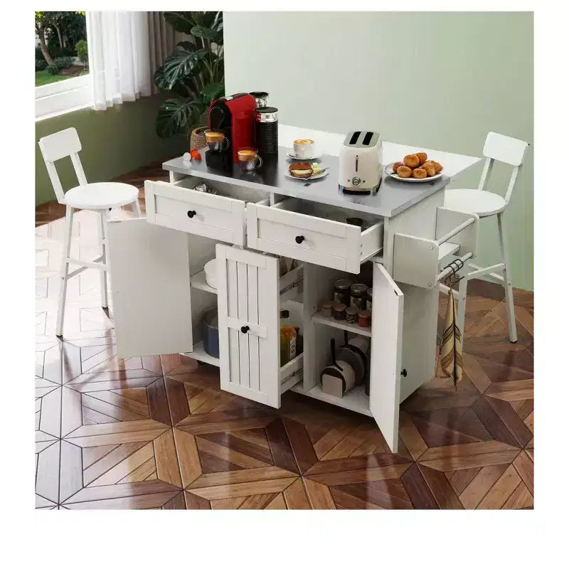 Rolling Kitchen Island Cart with Drop Leaf Countertop Adjustable Shelve Spice Rack With Two Chairs For Kitchen Dining Room