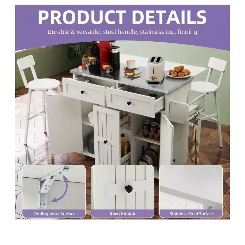Rolling Kitchen Island Cart with Drop Leaf Countertop Adjustable Shelve Spice Rack With Two Chairs For Kitchen Dining Room