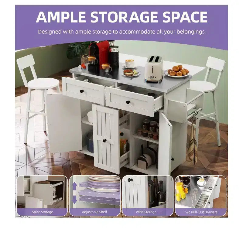 Rolling Kitchen Island Cart with Drop Leaf Countertop Adjustable Shelve Spice Rack With Two Chairs For Kitchen Dining Room