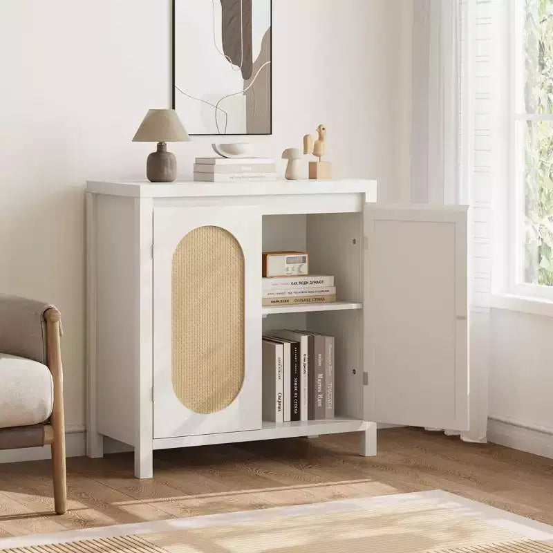 Sideboard Cabinet, 30.1INCH Buffets & Sideboard with Rattan Doors, 2 Door Design, Natural Wooden Sideboard Cabinet for Dining Room and Kitchen