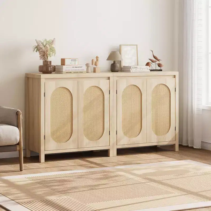 Sideboard Cabinet, 30.1INCH Buffets & Sideboard with Rattan Doors, 2 Door Design, Natural Wooden Sideboard Cabinet for Dining Room and Kitchen