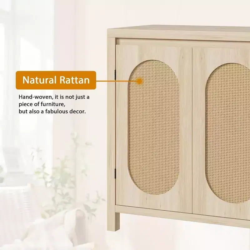 Sideboard Cabinet, 30.1INCH Buffets & Sideboard with Rattan Doors, 2 Door Design, Natural Wooden Sideboard Cabinet for Dining Room and Kitchen