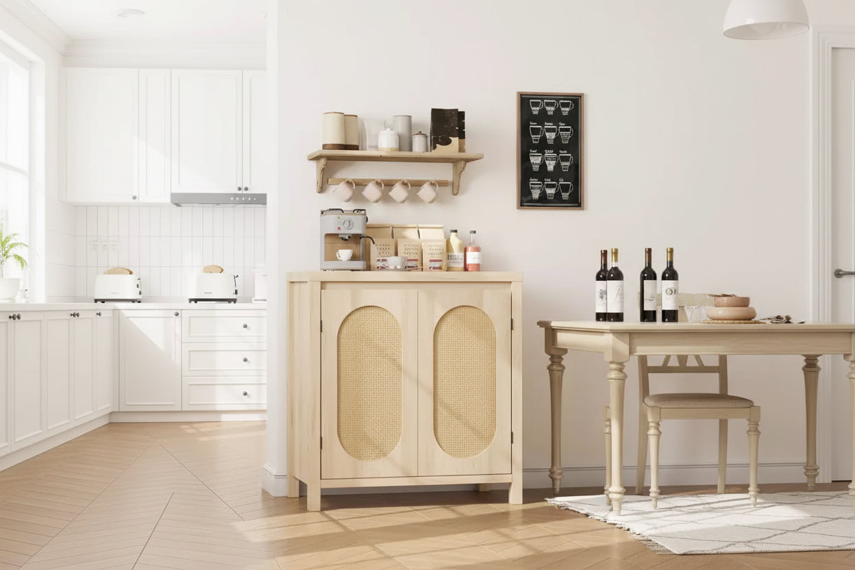 Sideboard Cabinet, 30.1INCH Buffets & Sideboard with Rattan Doors, 2 Door Design, Natural Wooden Sideboard Cabinet for Dining Room and Kitchen