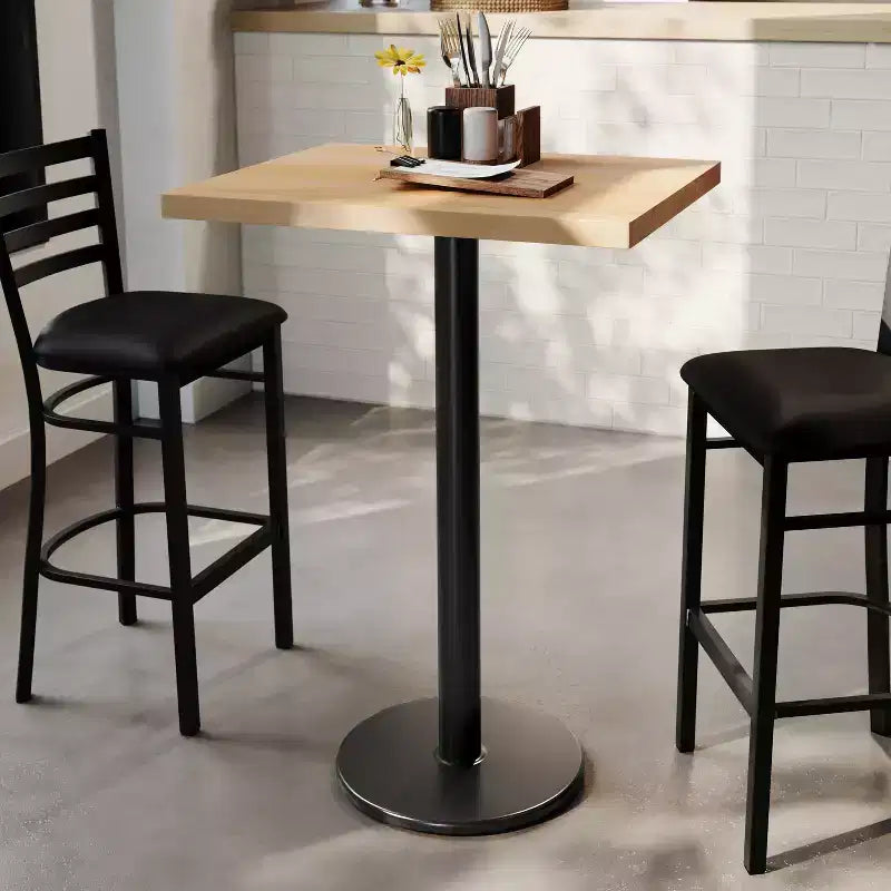 Rectangular Solid Wood Commercial Indoor Tabletop with 18 Round Bar Height Rust-Resistant Cast Iron Base