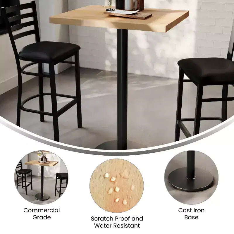 Rectangular Solid Wood Commercial Indoor Tabletop with 18 Round Bar Height Rust-Resistant Cast Iron Base