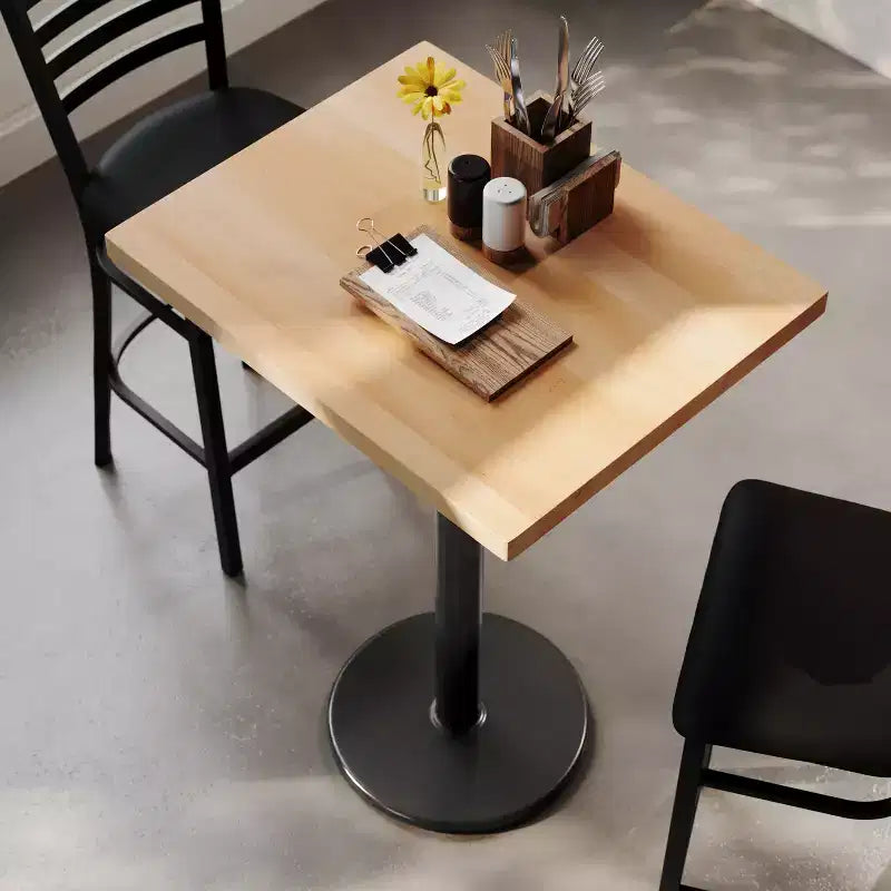 Rectangular Solid Wood Commercial Indoor Tabletop with 18 Round Bar Height Rust-Resistant Cast Iron Base