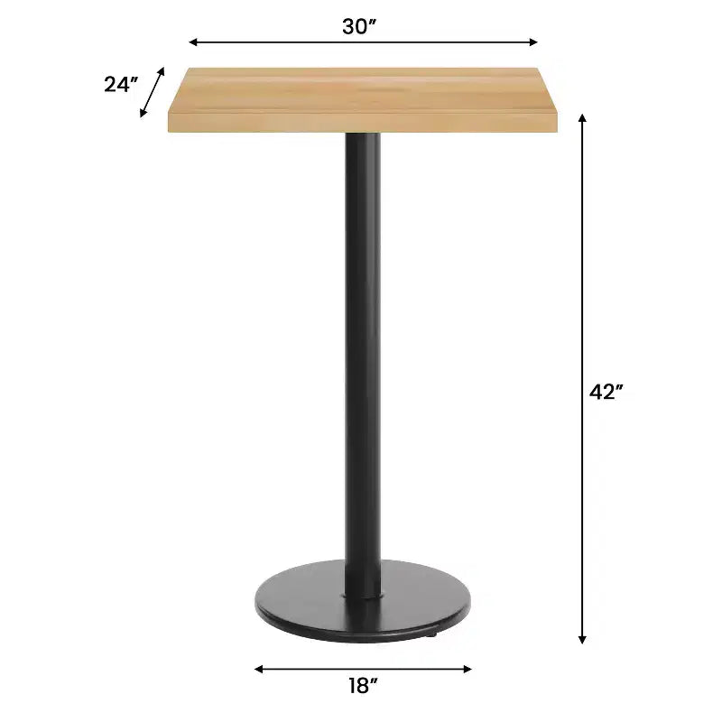 Rectangular Solid Wood Commercial Indoor Tabletop with 18 Round Bar Height Rust-Resistant Cast Iron Base
