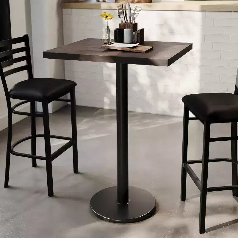 Rectangular Solid Wood Commercial Indoor Tabletop with 18 Round Bar Height Rust-Resistant Cast Iron Base