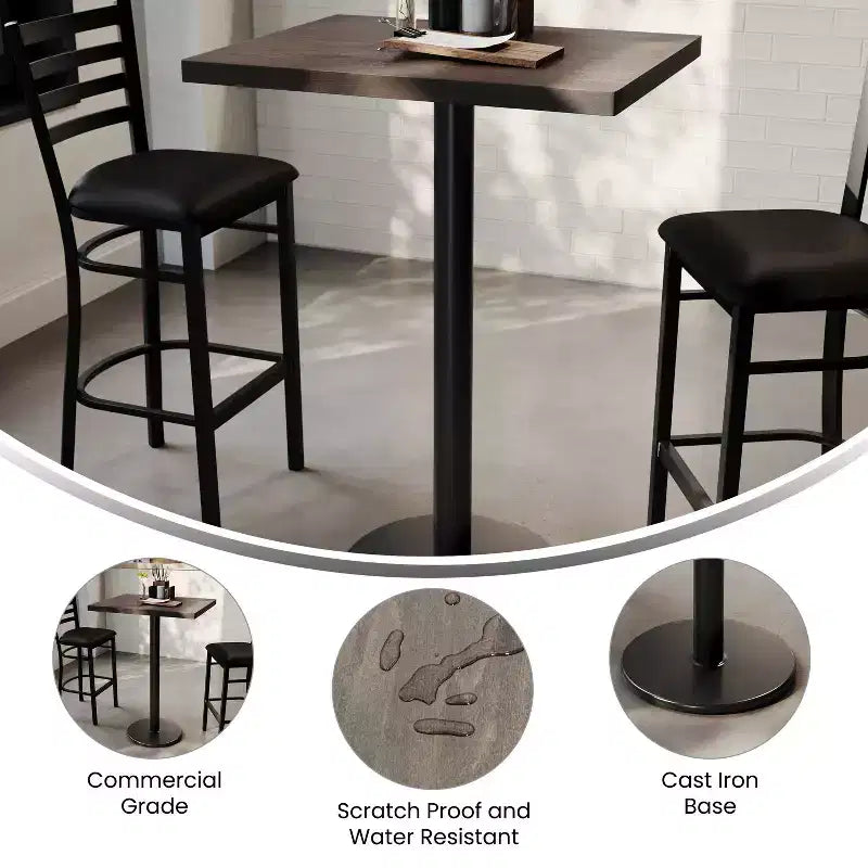 Rectangular Solid Wood Commercial Indoor Tabletop with 18 Round Bar Height Rust-Resistant Cast Iron Base