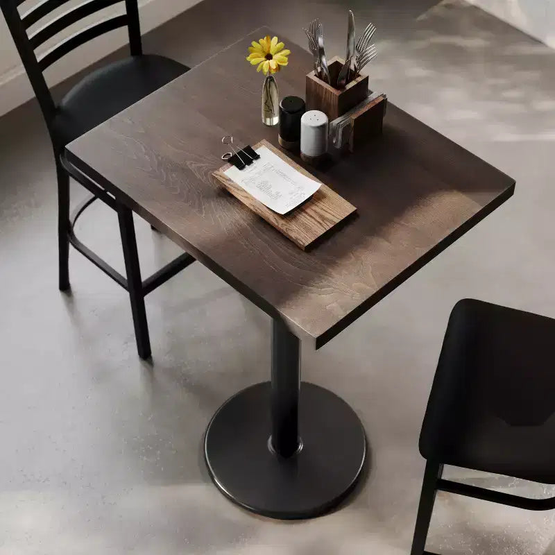 Rectangular Solid Wood Commercial Indoor Tabletop with 18 Round Bar Height Rust-Resistant Cast Iron Base
