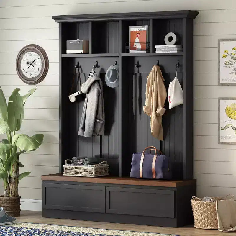 Okak Farmhouse Hall Tree with Wood Grain Bench, Versatile Storage Rack with 2 Large Drawers, Entryway Storage for Hallway, Living Room, Black+Walnut