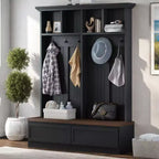 Okak Farmhouse Hall Tree with Wood Grain Bench, Versatile Storage Rack with 2 Large Drawers, Entryway Storage for Hallway, Living Room, Black+Walnut