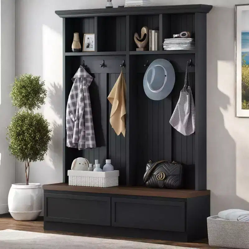 Okak Farmhouse Hall Tree with Wood Grain Bench, Versatile Storage Rack with 2 Large Drawers, Entryway Storage for Hallway, Living Room, Black+Walnut