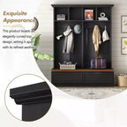 Okak Farmhouse Hall Tree with Wood Grain Bench, Versatile Storage Rack with 2 Large Drawers, Entryway Storage for Hallway, Living Room, Black+Walnut
