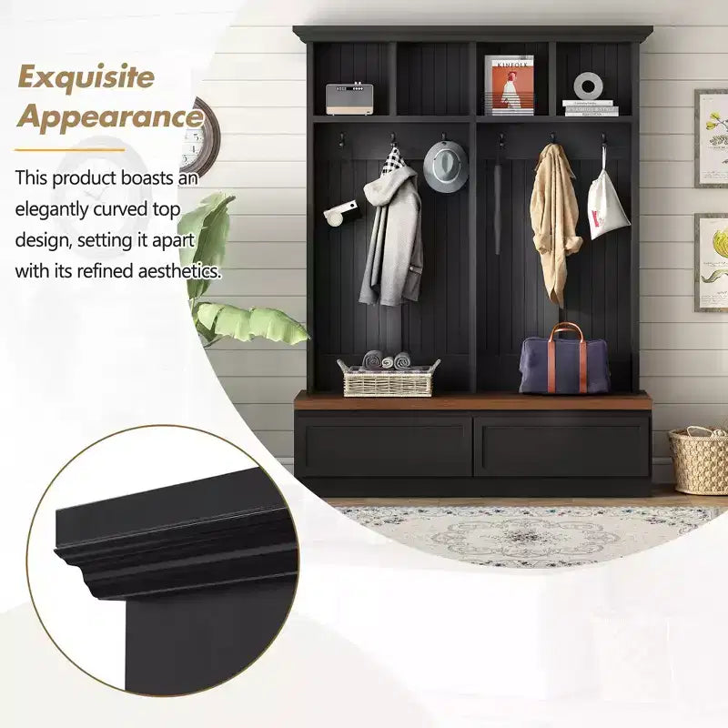 Okak Farmhouse Hall Tree with Wood Grain Bench, Versatile Storage Rack with 2 Large Drawers, Entryway Storage for Hallway, Living Room, Black+Walnut