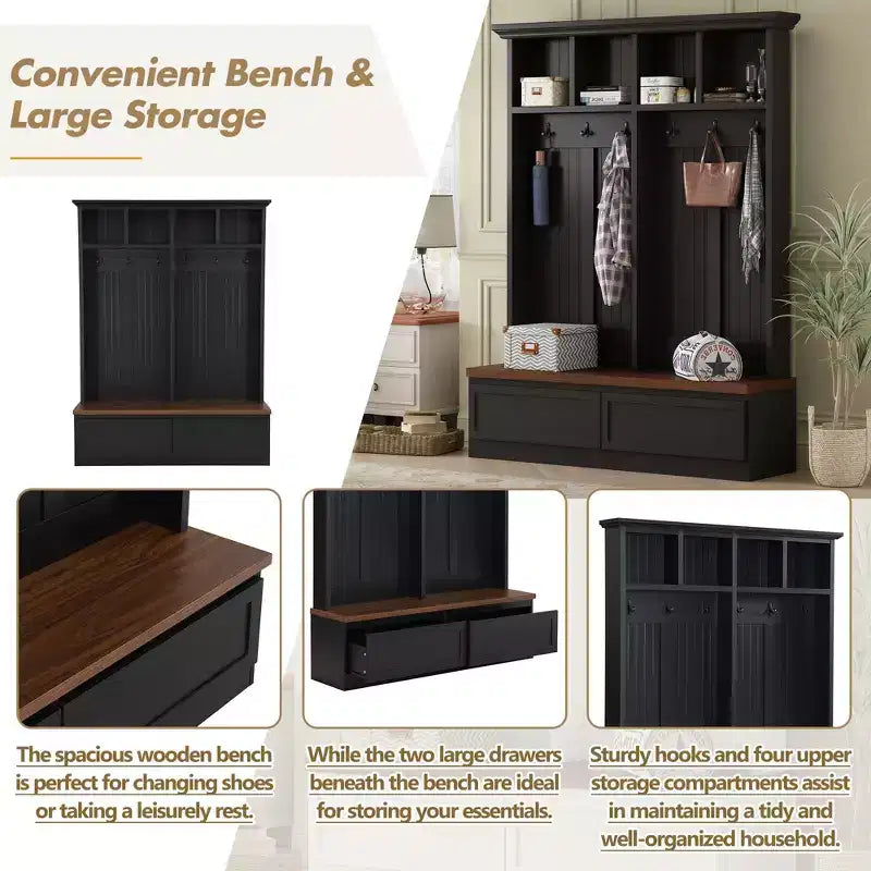 Okak Farmhouse Hall Tree with Wood Grain Bench, Versatile Storage Rack with 2 Large Drawers, Entryway Storage for Hallway, Living Room, Black+Walnut