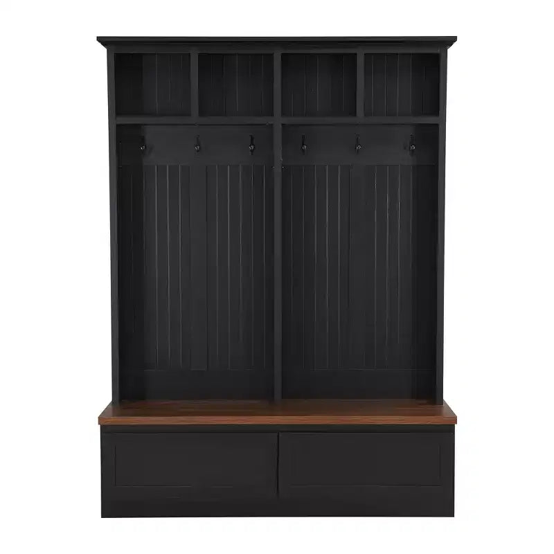 Okak Farmhouse Hall Tree with Wood Grain Bench, Versatile Storage Rack with 2 Large Drawers, Entryway Storage for Hallway, Living Room, Black+Walnut